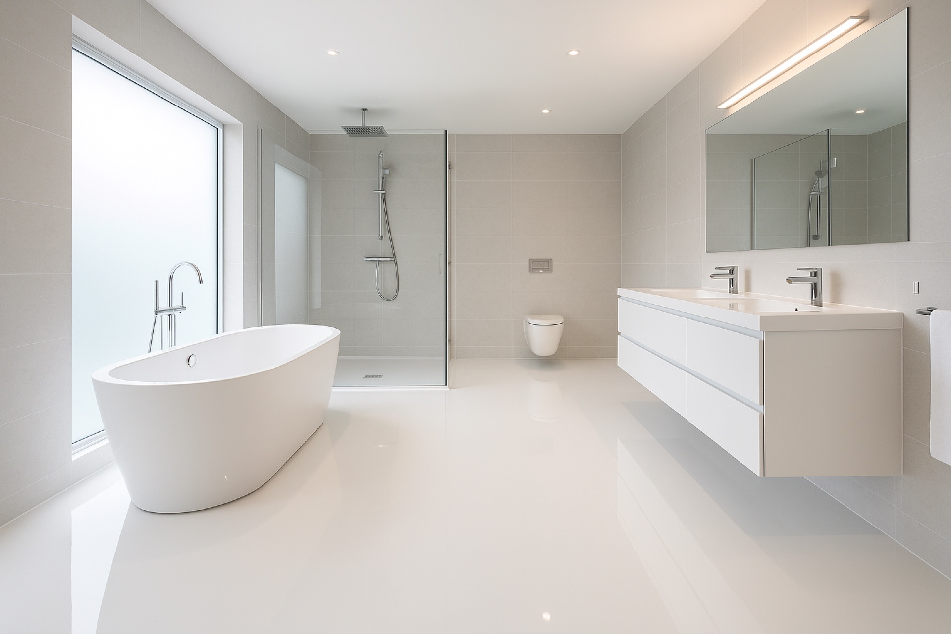 Modernes Badezimmer mit fugenlosem Epoxidharzboden in Weiß und freistehender Wanne