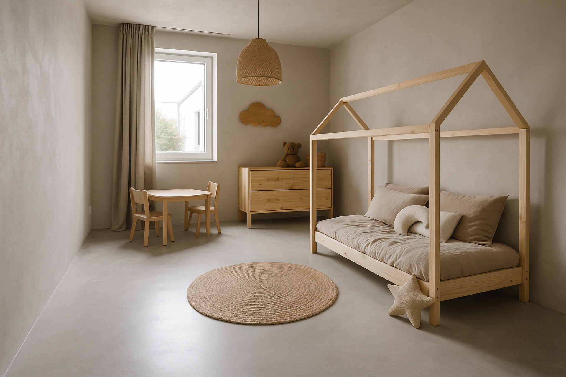 Mikrozement-Boden im Kinderzimmer in warmem Beige, fugenlose Oberfläche