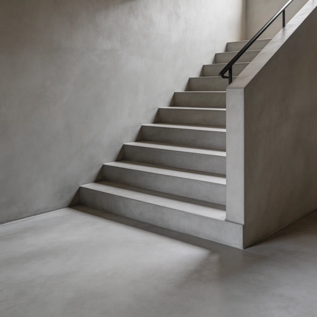 Treppe und Wand fugenlos in Mikrozement Grau beschichtet mit schwarzem Handlauf