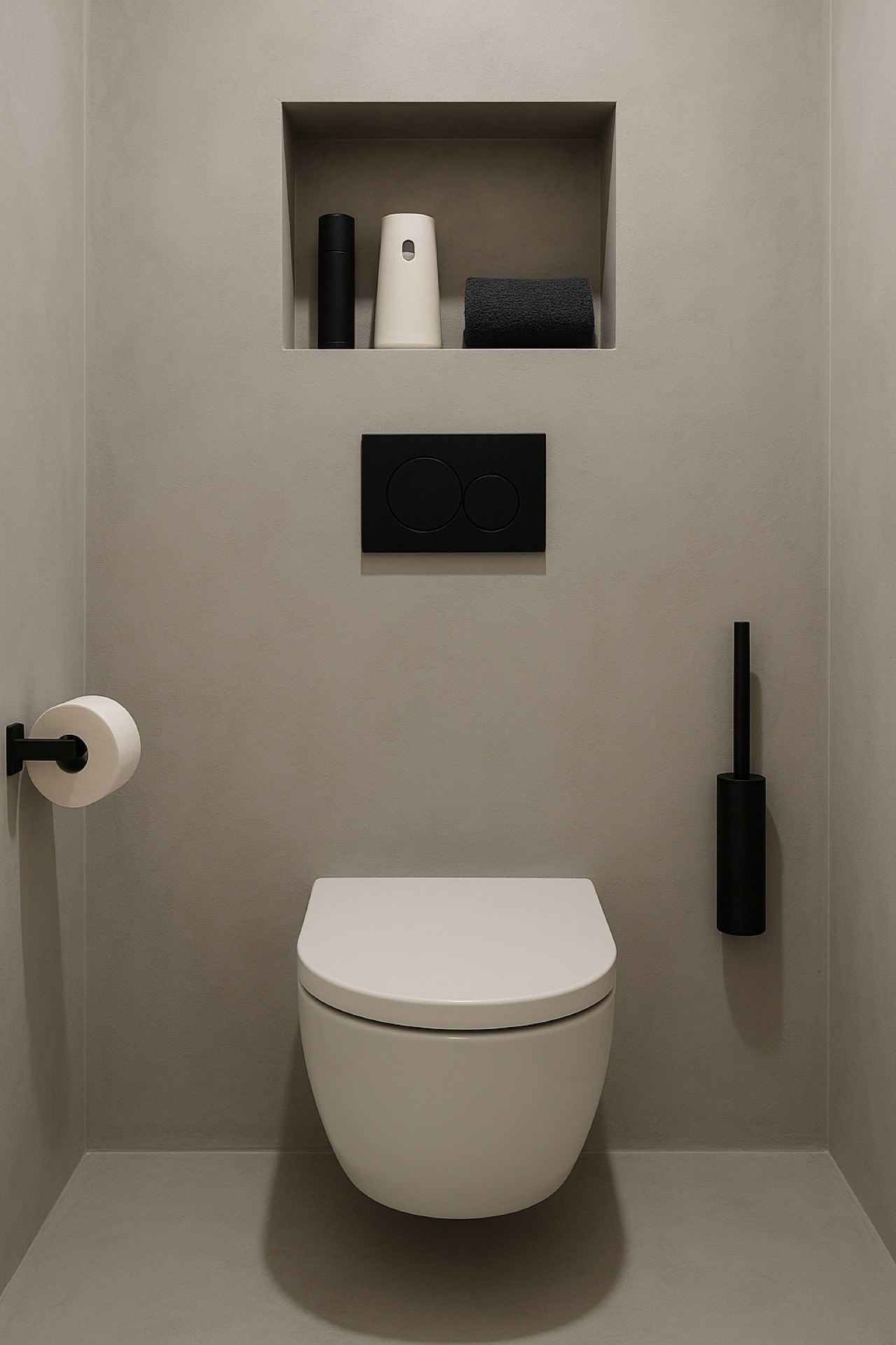 WC-Bereich mit fugenlosem Mikrozement in Warmgrau, wandhängendes WC und Wandnische