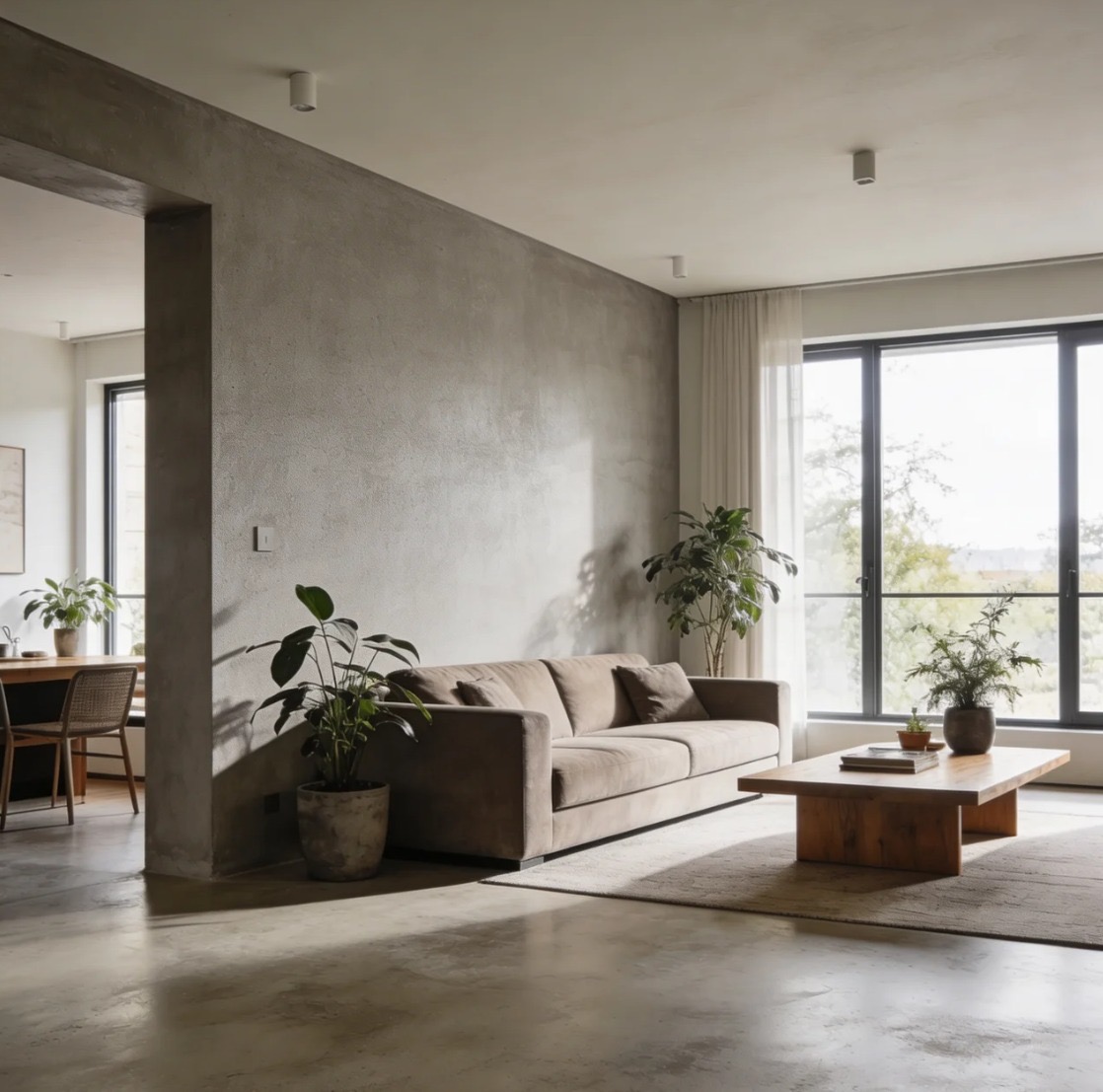 Wohnzimmer mit Mikrozement Wandverkleidung und Bodenbeschichtung in Grau-Beton-Optik